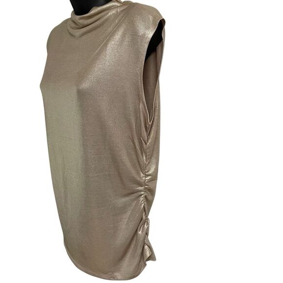 RM by Rebecca Minkoff Women's L Mock Neck Gold Metallic Sleeveless Blouse Ruched - Picture 2 of 9